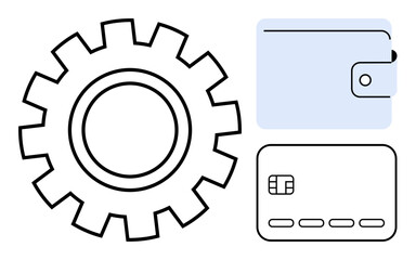 Large gear beside wallet and credit card emphasizes finance management, automation, efficiency. Ideal for financial services, budgeting, fintech apps, process optimization, banking, e-commerce