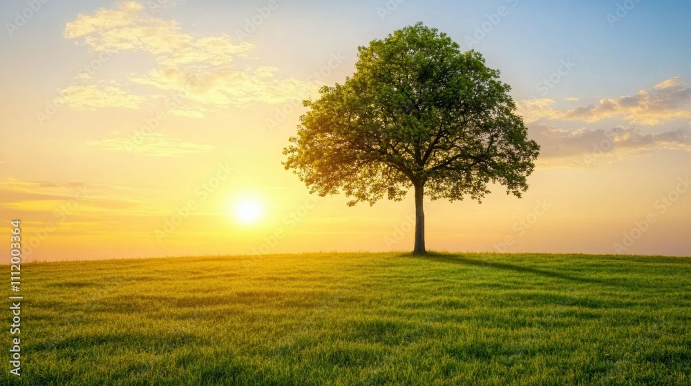 Leinwandbilder a solitary tree stands majestically in an open field as the sun sets, casting warm golden light acro
