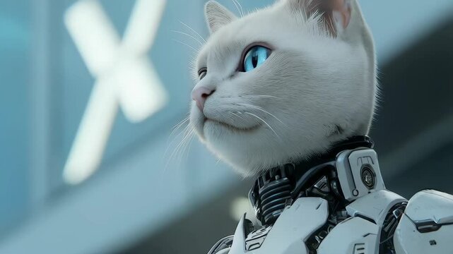 Robot cat with realistic body on blurred background. Cute robotic pet. Futuristic mechanical animal, metal cyborg. Modern technologies and artificial intelligence concept. Cyberpunk, post apocalyptic	