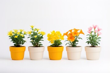 Three miniature rose plant with flowers of different colors in a flowerpot on white. Copy space.
