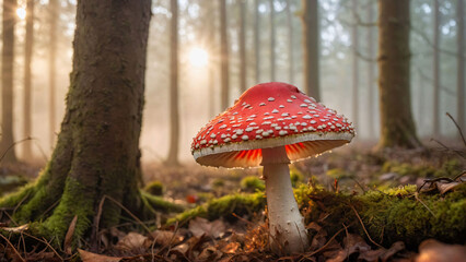 fly agaric on moss-covered forest floor