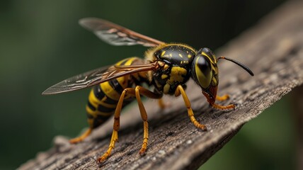 Detailed closeup on a black and yellow Common European paperwasp