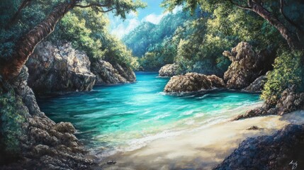 Naklejka premium A tranquil hidden cove with serene turquoise waters, lush greenery, sandy beaches, and rugged rocks creates a perfect tropical paradise.
