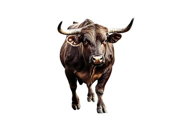 Naklejka premium Black bull with large horns standing isolated on white background