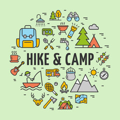 Hike and Camp Sign Round Design Template Color Thin Line Icon Banner. Vector illustration of Hiking and Camping Concept