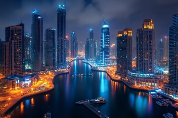 Obraz premium Explore the stunning nightscape of a vibrant city - Discover the breathtaking beauty of a vibrant city at night, featuring illuminated skyscrapers, shimmering water, and dynamic energy.