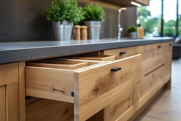 Modern kitchen, oak drawer detail, open, countertop, storage.
