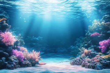 Naklejka premium Explore the underwater beauty of vibrant coral in serene depths - Discover a captivating underwater scene filled with colorful coral, radiant marine life, and peaceful tranquility beneath shimmering w