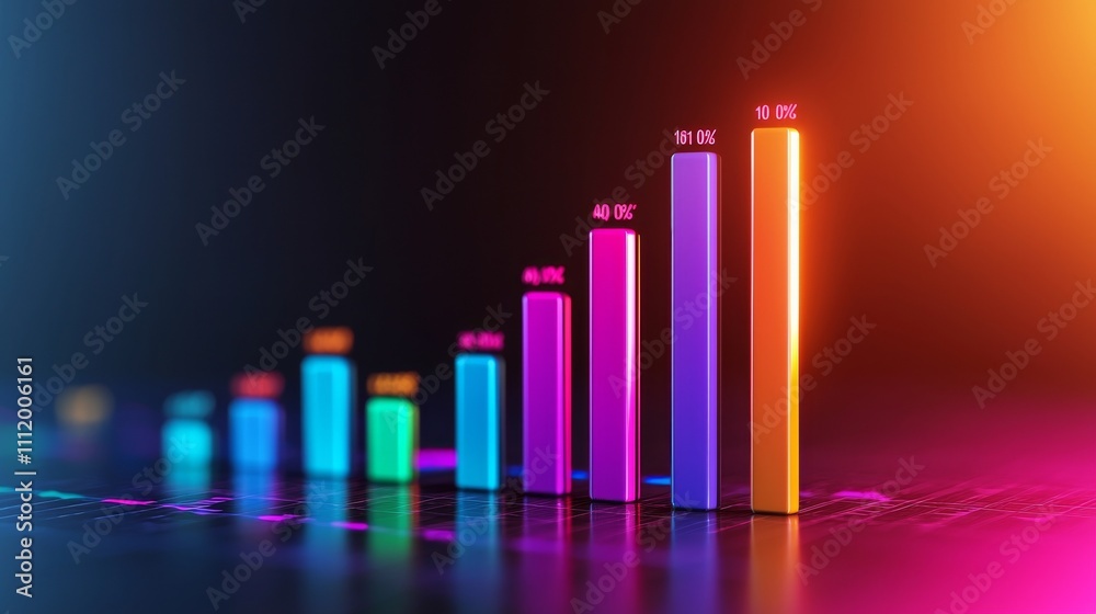 Poster vibrant bar graph representing data growth with colorful visual effects on a dark background.