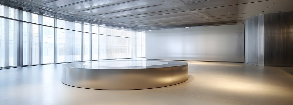 A circular metallic podium surrounded by a vast, open room with bright natural light, smooth walls, and soft overhead lighting, offering an ideal space for showcasing high-end products