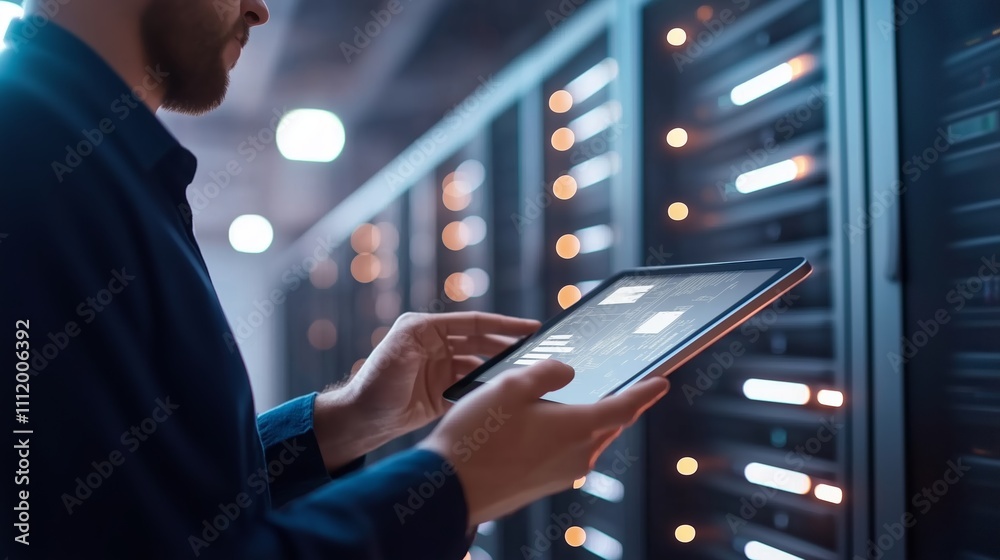 Poster technician monitors server performance using tablet in modern data center environment