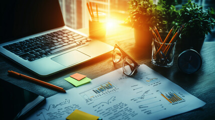A well-organized desk featuring a laptop, documents, and stationery, ideal for year-end financial planning in an office