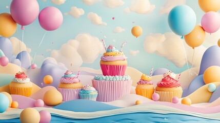 A vibrant festive birthday party scene featuring colorful cupcakes and balloons, symbolizing joy, celebration, sweets, happiness, and creativity.