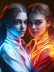 Striking image of two identical twins bathed in colorful light, each representing contrasting hues that mesmerize the viewer.