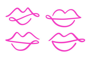 Lips Mouth One Line Drawing Abstract Kiss Icon Set