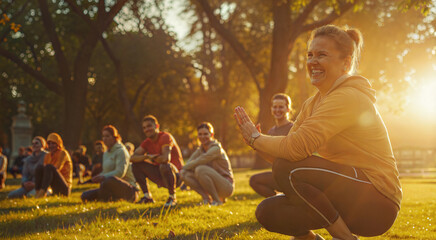 Group outdoor fitness session in sunlit park with smiling participants. Park Workout Parties