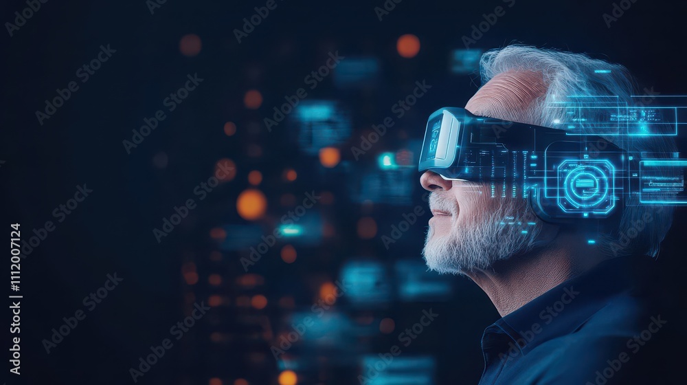 Poster Senior CEO delegating tasks through advanced communication devices side view robotic tone Tetradic Color Scheme