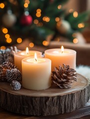 Festive candle arrangement on wooden table cozy holiday ambiance - A warm festive candle arrangement featuring glowing candles and pinecones, perfect for creating a cozy holiday atmosphere.