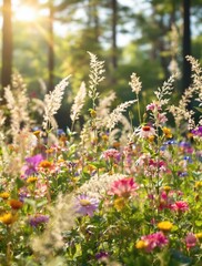 Fototapeta premium Close up of delicate wildflowers growing amidst tall grass in a forest clearing, botanical , vibrant, forest oasis