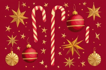 Festive Candy Cane and Ornament Design with Golden Stars - A vibrant design featuring candy canes, red and gold ornaments, and golden stars, perfect for celebrating the holiday spirit.