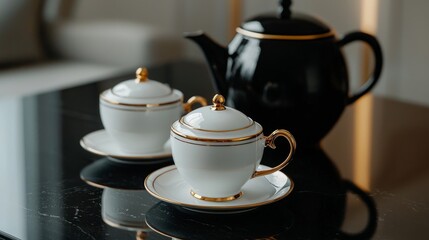 Elegant tea set with fine china cups and a black teapot on a polished table.
