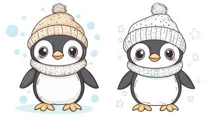 Obraz premium Two cute cartoon penguins wearing winter hats and scarves.