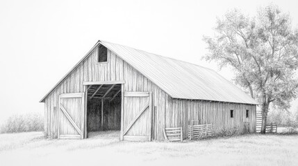 Obraz premium A detailed illustration of a rustic wooden barn with open doors, set against a serene rural backdrop.