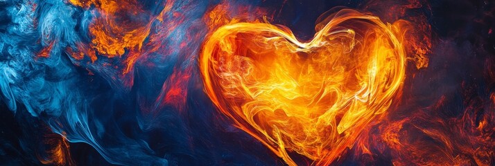 Fiery Heart Shape with Glowing Lines and Vibrant Colors - A stunning visual of a heart engulfed in flames symbolizes passion, love, intensity, and vibrancy, set against a contrasting blue background.