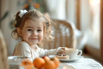 A joyful young girl with pigtails enjoying breakfast, showcasing an innocent smile and a cup of hot beverage, surrounded by soft morning light and warm tones.