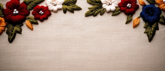 Embroidered floral design on a textured fabric background, showcasing vibrant colors and intricate details.