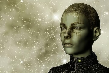 A hauntingly beautiful abstract image of a person against a celestial background, representing the intersection of humanity with cosmic elements in a surreal world.