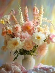 Obraz premium Floral Elegance in Soft Hues - A beautiful floral arrangement showcasing pastel tones, symbolizing love, serenity, grace, and beauty, perfect for home decor and events.