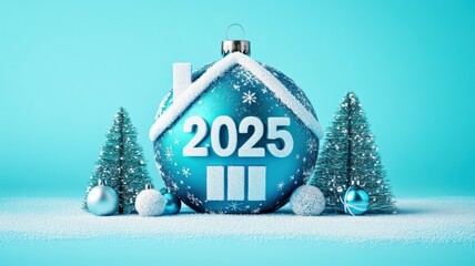 Festive 2025 Christmas ornament shaped like a house with miniature trees on a snowy background. Ideal for real estate promotions, home construction branding, and holiday marketing