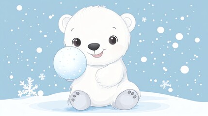 A cute cartoon polar bear in the snow holding a snowball.