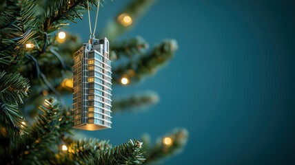 Stylish Christmas ornament shaped like a skyscraper hanging on a festive tree. Perfect for real estate holiday cards, branding, or marketing in the property business