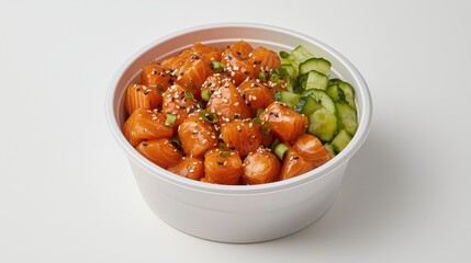 Fresh Salmon Bowl with Cucumber and Sesame Seeds on White Background