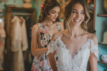 Naklejka premium A bride in a beautiful wedding dress is assisted by her friend in a floral dress, set in a vibrant dress shop, conveying friendship and joyful anticipation.