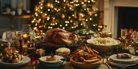 A beautifully arranged Christmas dinner table featuring a roasted turkey and a variety of side dishes. The warm glow of festive lights enhances the delicious holiday feast. AI