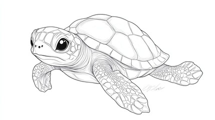 A line drawing of a sea turtle with big eyes.