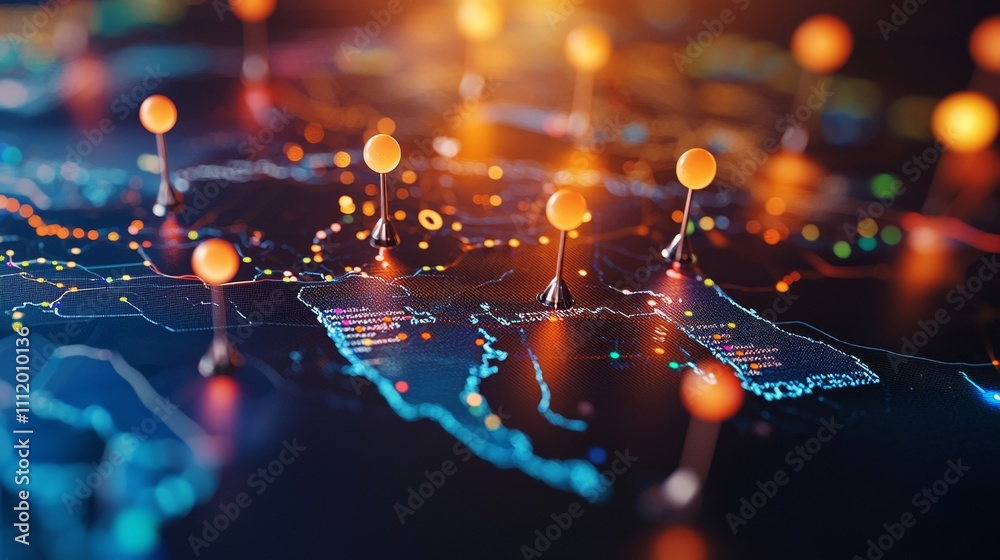 Poster digital map with illuminated nodes representing data connections and locations.