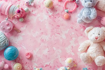 This image showcases a variety of pink toys and baby clothing laid out on a textured pink background, presenting a comforting and playful atmosphere.