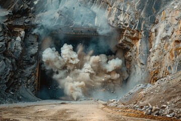 A powerful explosion occurs inside a rocky tunnel, sending clouds of dust and debris into the air, capturing the dynamic and intense moment of detonation.