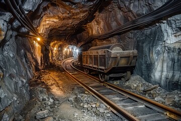 Naklejka premium A mining cart filled with materials is stationed on a rail track inside a dimly lit tunnel, with cables lining the rugged walls, depicting an underground work setting.