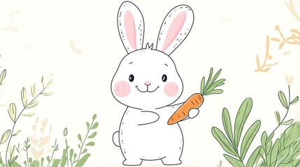 Obraz premium A cute cartoon bunny rabbit holding a carrot.