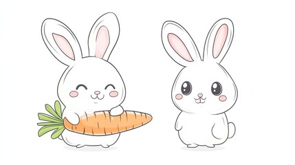 Two cute cartoon bunnies, one holding a carrot.