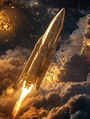 Obraz premium Golden 3D Rocket Glinting Under Starlight - A stunning golden rocket soars through cosmic clouds, symbolizing exploration, innovation, adventure, and the beauty of space.