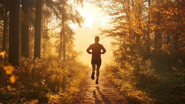 A lone runner silhouetted against the sun, running along a path in a forest.