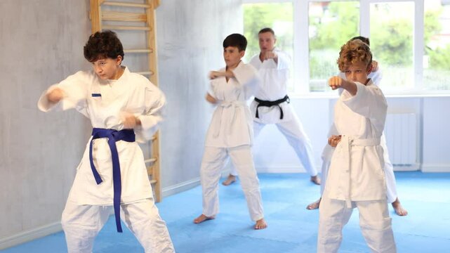 Group of children posing together, practicing karate moves at class indoor in sports gym