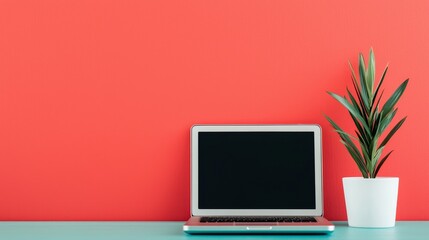 A laptop and a potted plant on a teal surface against a vibrant red wall.