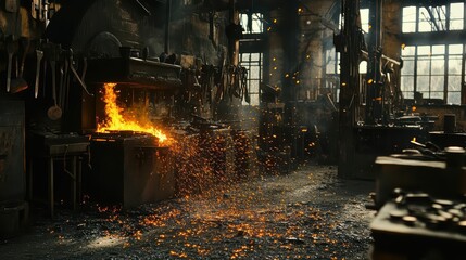 A blacksmith's workshop with glowing forge and scattered sparks.